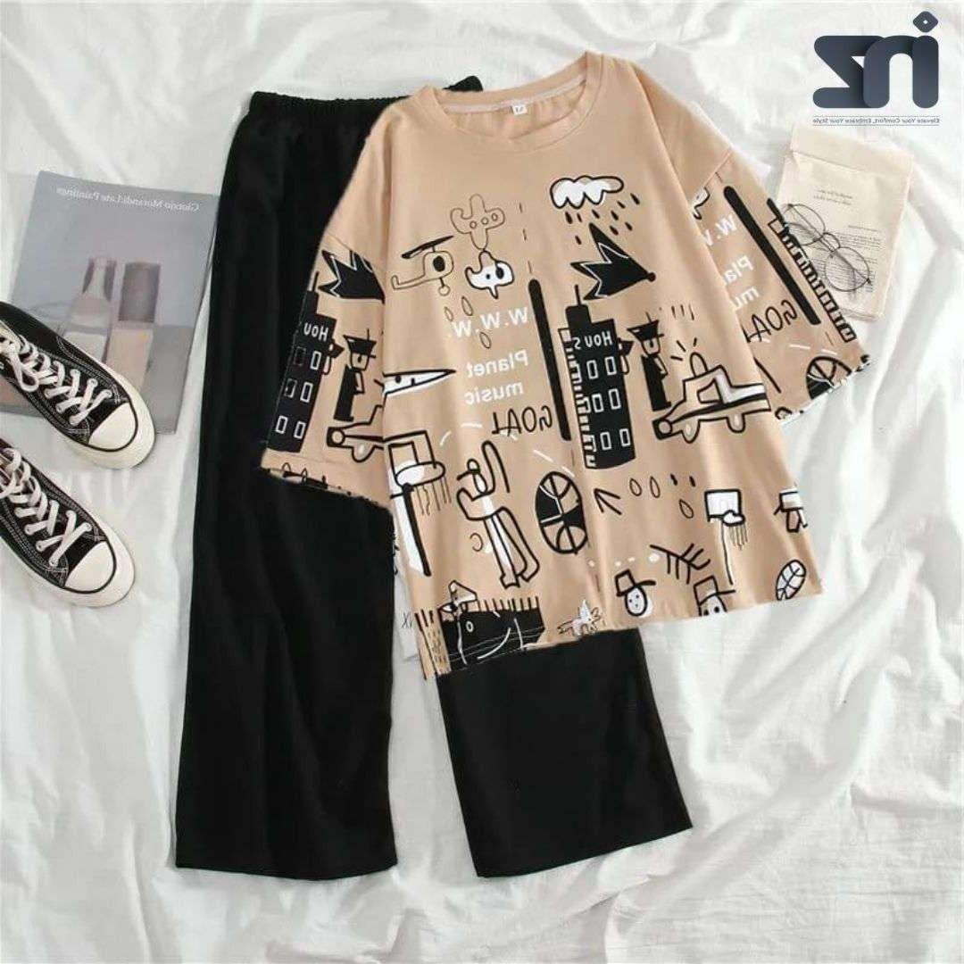 Beige Printed Cotton Jersey T-Shirt & Trouser Set