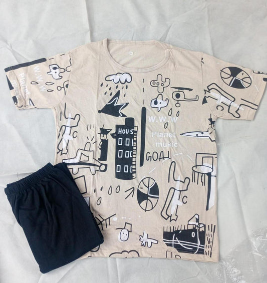 Beige Printed Cotton Jersey T-Shirt & Trouser Set