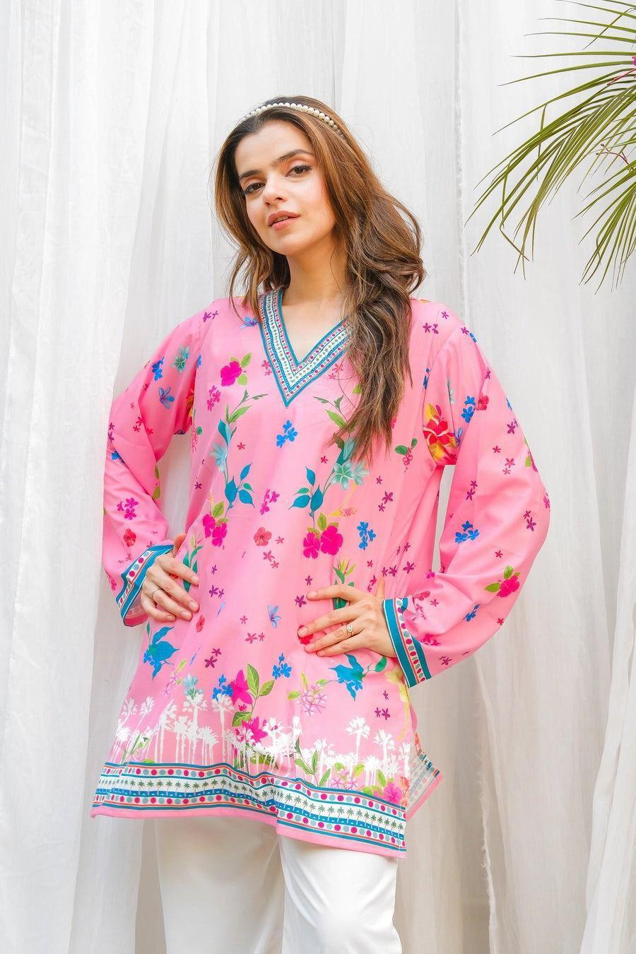 2PC Women’s Printed Pink Swiss Lawn V-Neck Shirt & Trouser Set