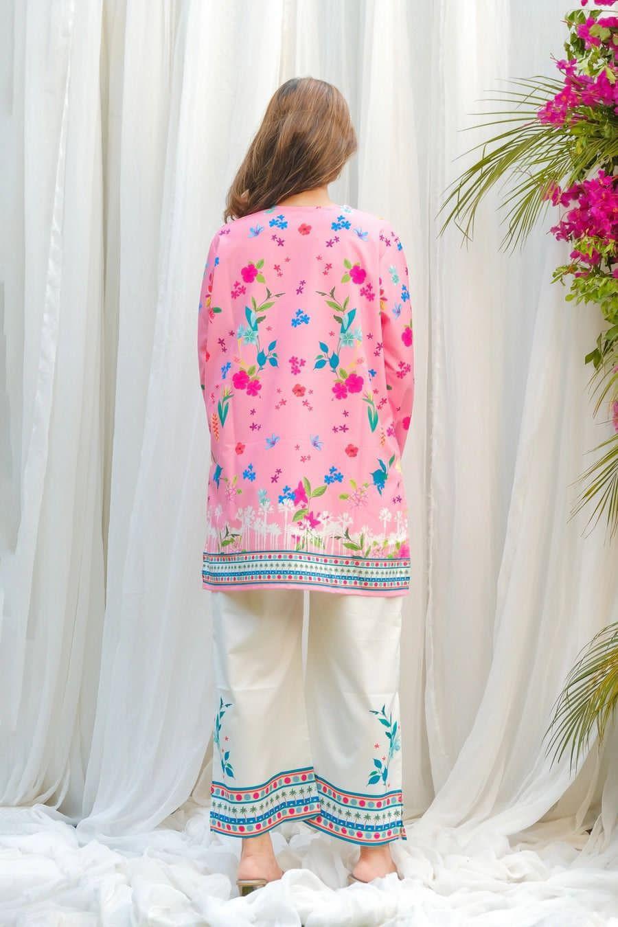 2PC Women’s Printed Pink Swiss Lawn V-Neck Shirt & Trouser Set