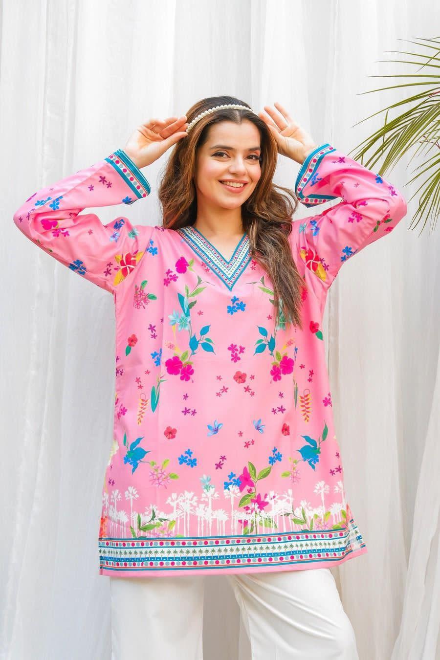 2PC Women’s Printed Pink Swiss Lawn V-Neck Shirt & Trouser Set