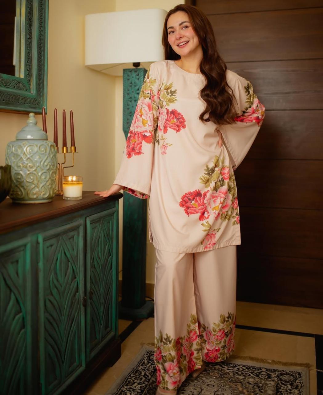 2 Pcs Women’s Printed Swiss Lawn U-Neck Shirt & Trouser Set