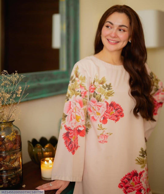 2 Pcs Women’s Printed Swiss Lawn U-Neck Shirt & Trouser Set