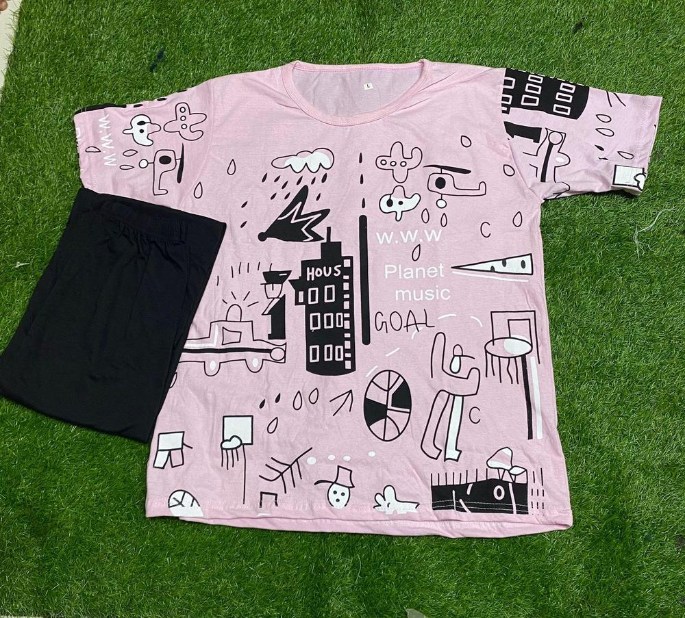 Pink Printed Cotton Jersey T-Shirt & Trouser Set