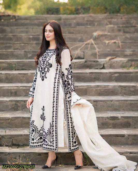 3PC White Organza Embroidered Suit