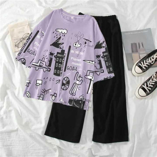 Purple Printed Cotton Jersey T-Shirt & Trouser Set