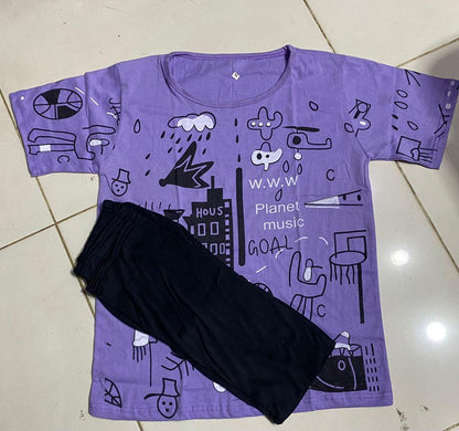 Purple Printed Cotton Jersey T-Shirt & Trouser Set