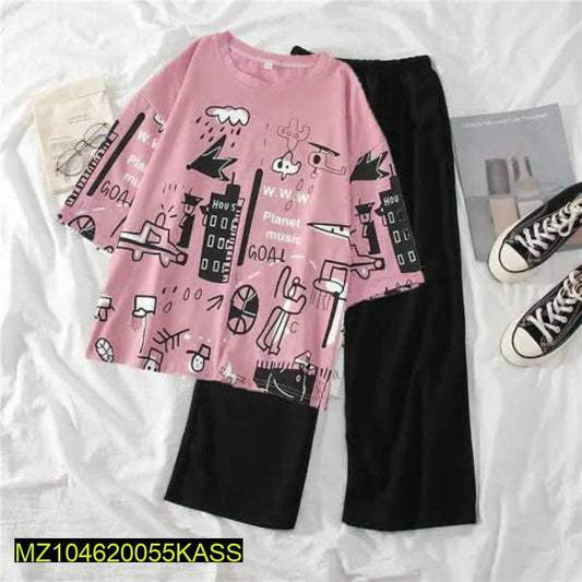 Pink Printed Cotton Jersey T-Shirt & Trouser Set