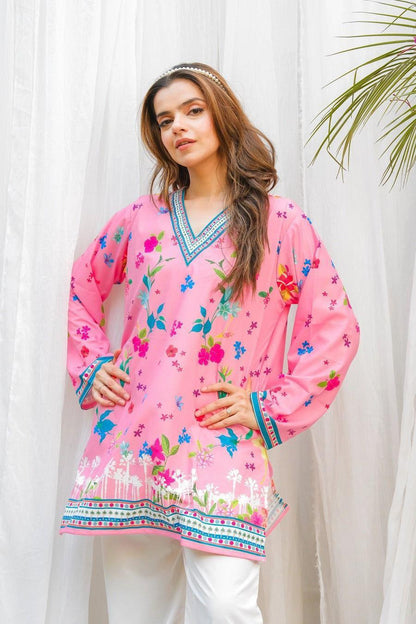 2PC Women’s Printed Pink Swiss Lawn V-Neck Shirt & Trouser Set