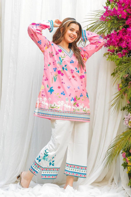 2PC Women’s Printed Pink Swiss Lawn V-Neck Shirt & Trouser Set