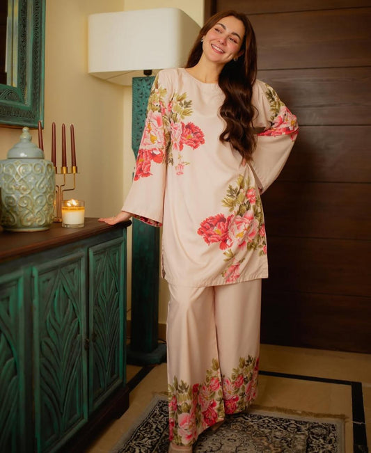 2 Pcs Women’s Printed Swiss Lawn U-Neck Shirt & Trouser Set