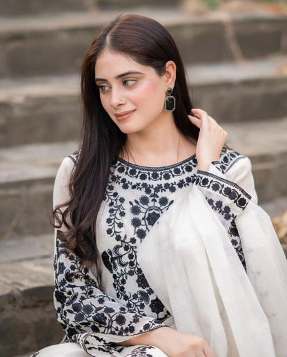 3PC White Organza Embroidered Suit