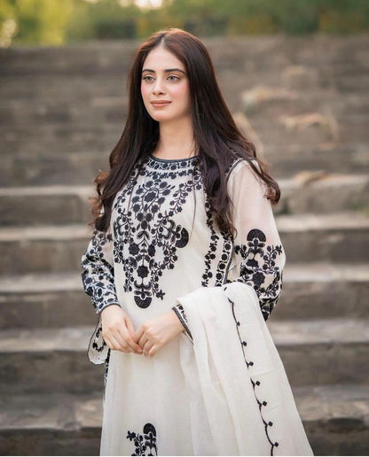 3PC White Organza Embroidered Suit