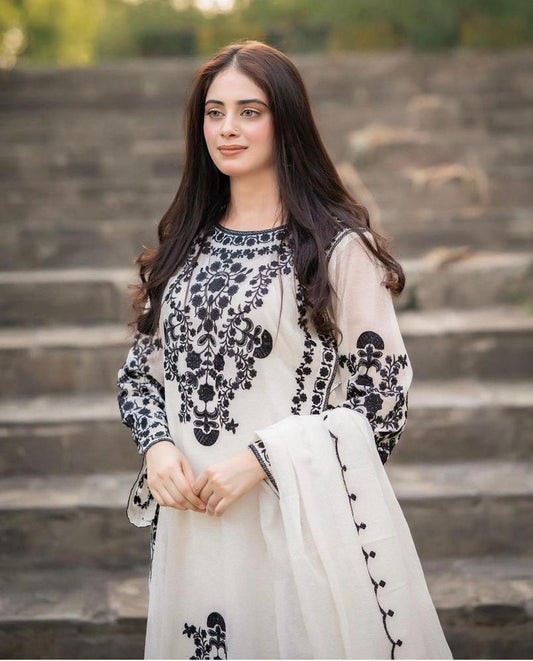 3PC White Organza Embroidered Suit
