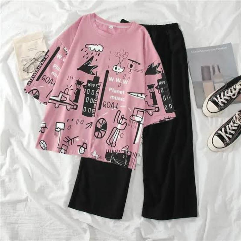 Pink Printed Cotton Jersey T-Shirt & Trouser Set