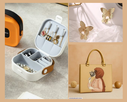 "Glamour Essentials Set: Crystal Leaf Earrings + Canvas Handbag + Jewelry Organizer"